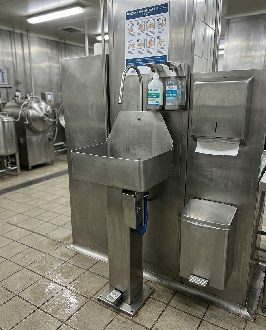 lava manos industrial de acero inoxidable aisi 304 utilizado en la industria alimenticia para garantizar higiene y seguridad sanitaria
