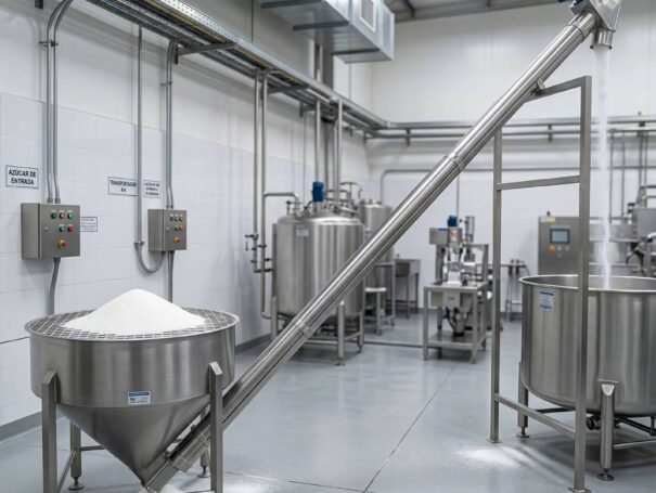 tolva elevadora de azucar en acero inoxidable utilizada en la industria alimenticia para transporte y dosificacion de productos granulados