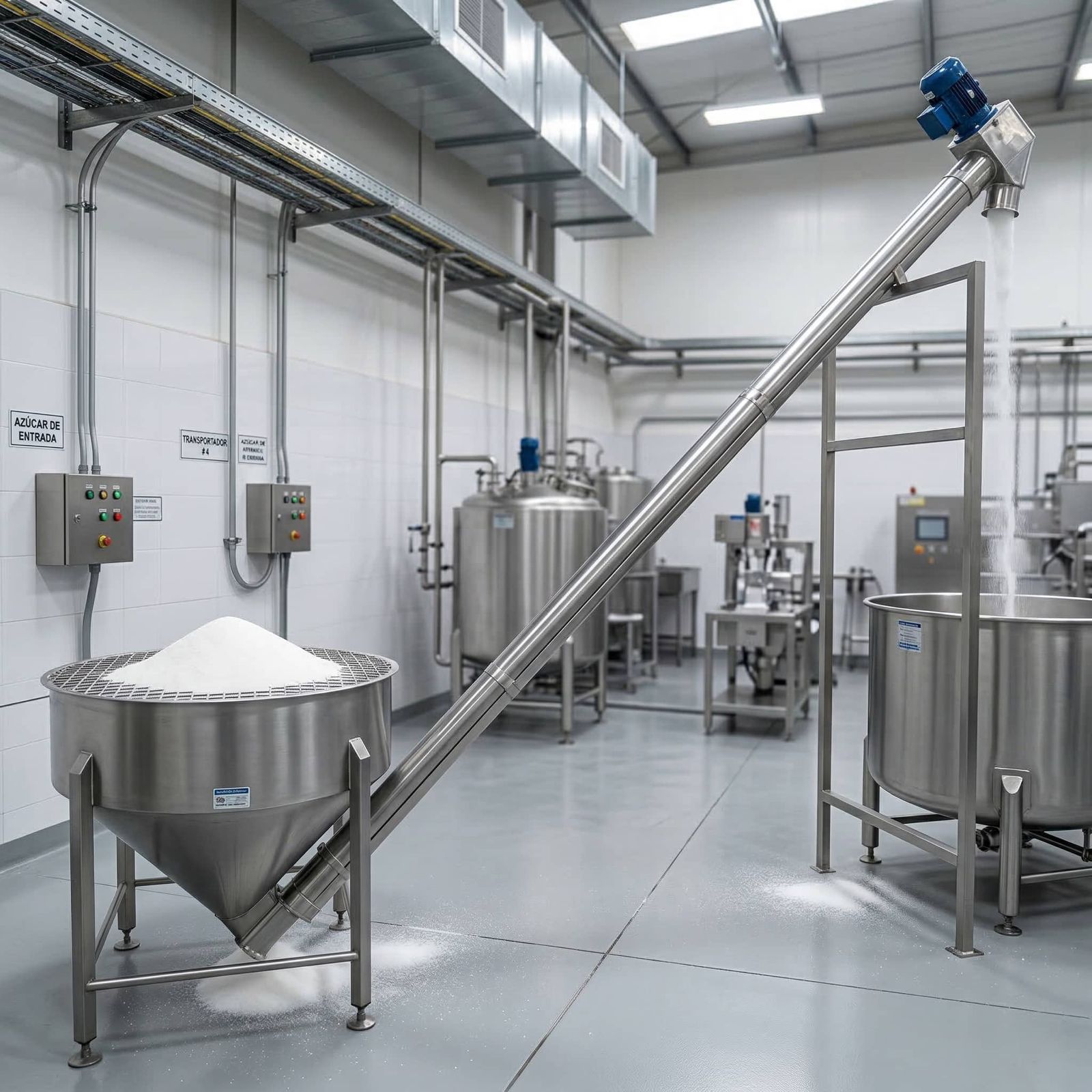 tolva elevadora de azucar en acero inoxidable utilizada en la industria alimenticia para transporte y dosificacion de productos granulados