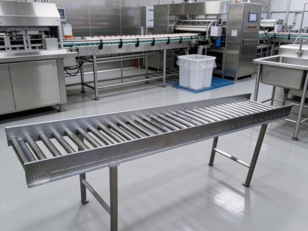 transportadores de rodillos de acero inoxidable utilizados en la industria alimenticia para traslado de productos