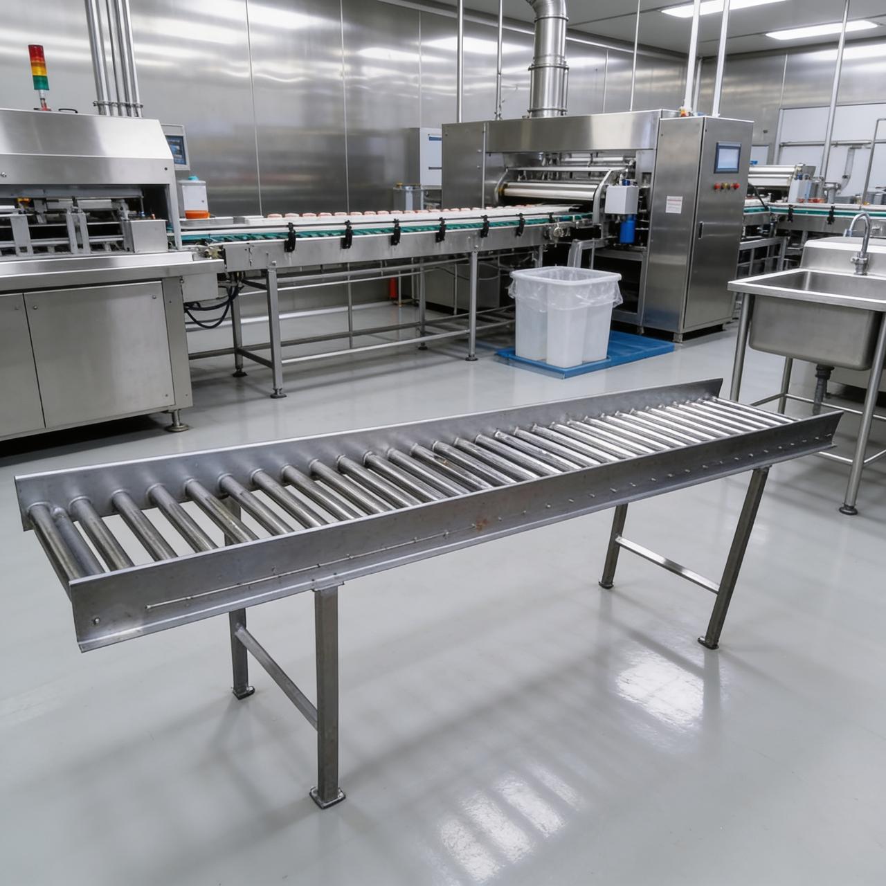 transportadores de rodillos de acero inoxidable utilizados en la industria alimenticia para traslado de productos