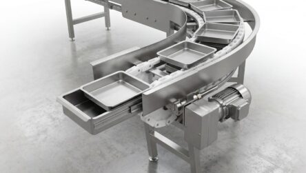Cintas transportadoras de cadena cajonera fabricadas en acero inoxidable AISI 304 para transporte de bandejas y productos en la industria alimenticia