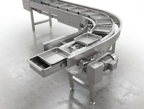 Cintas transportadoras de cadena cajonera fabricadas en acero inoxidable AISI 304 para transporte de bandejas y productos en la industria alimenticia