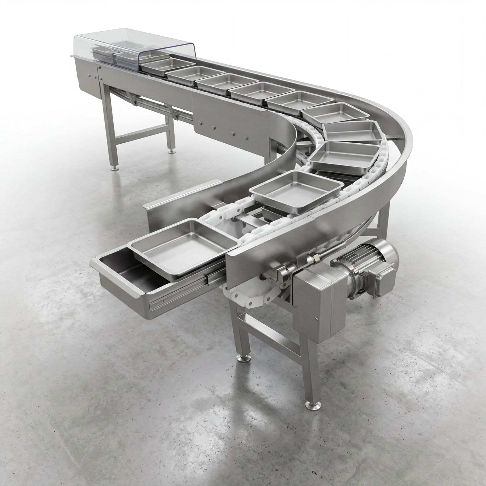 Cintas transportadoras de cadena cajonera fabricadas en acero inoxidable AISI 304 para transporte de bandejas y productos en la industria alimenticia