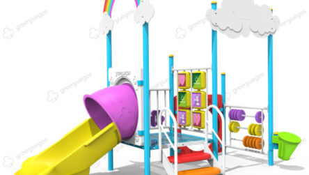 Juego para plaza tematica arcoiris con tobogan, panel interactivo y diseno colorido para ninos.
