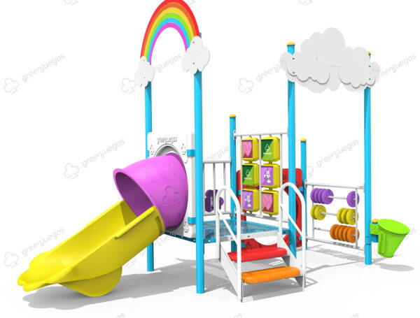 Juego para plaza tematica arcoiris con tobogan, panel interactivo y diseno colorido para ninos.