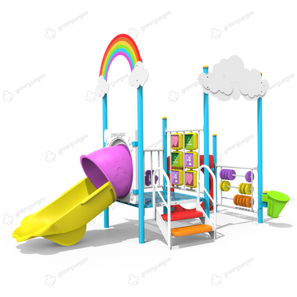 Juego para plaza tematica arcoiris con tobogan, panel interactivo y diseno colorido para ninos.