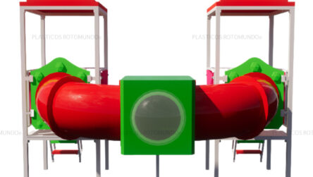 Mangrullo infantil con tunel de conexion, torres techadas y estructuras reforzadas fabricado por Plasticos Rotomundo para plazas, escuelas y parques recreativos.
