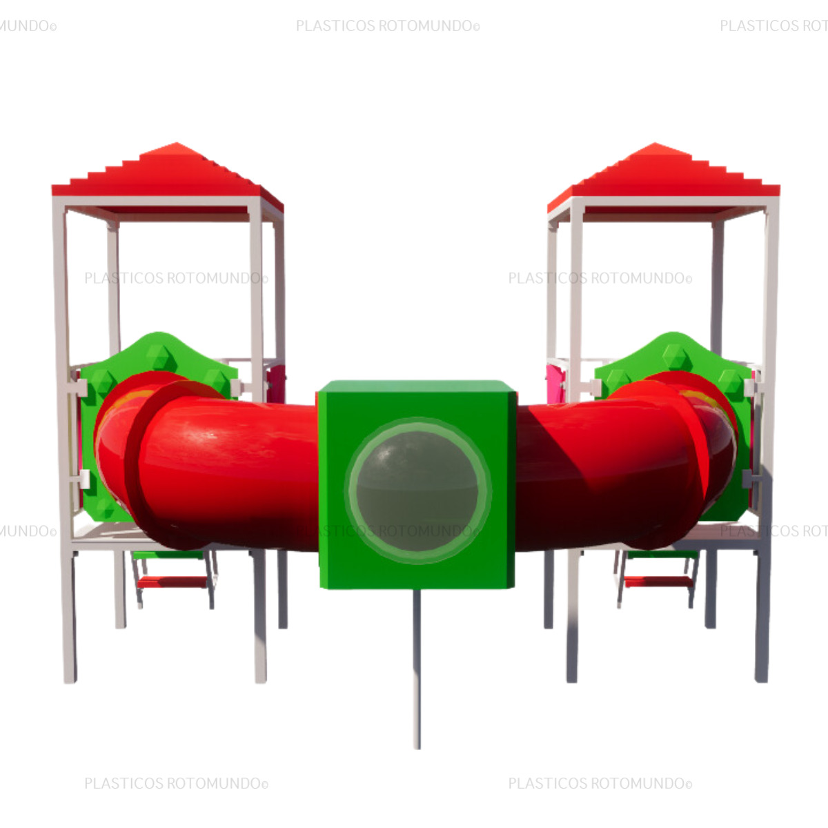 Mangrullo infantil con tunel de conexion, torres techadas y estructuras reforzadas fabricado por Plasticos Rotomundo para plazas, escuelas y parques recreativos.