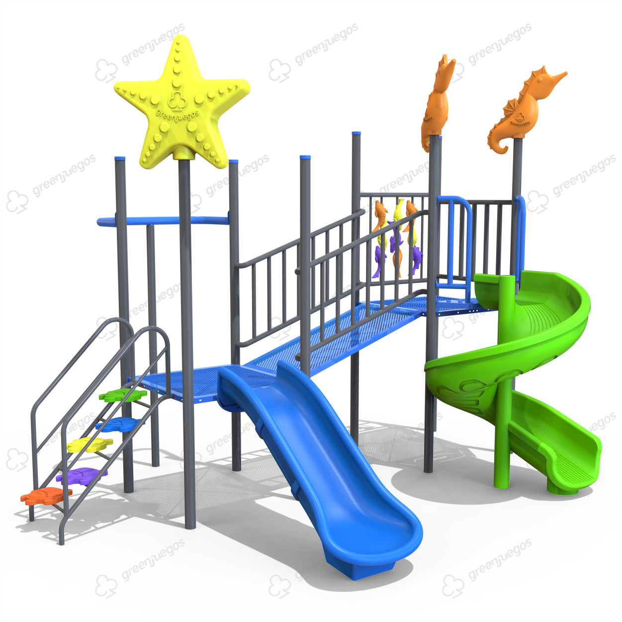 Mangrullo marino Green Juegos con decoracion submarina, pasarelas y toboganes para parques infantiles