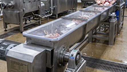 Transportadores a tornillo sin fin fabricados en acero inoxidable para el transporte de visceras en plantas frigorificas e industrias alimenticias.