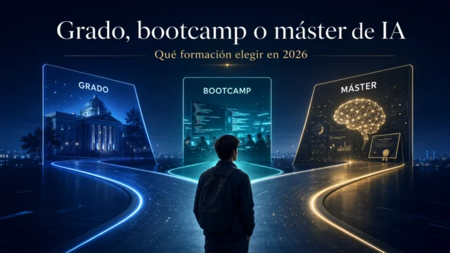 Grado, bootcamp o máster de IA: cómo elegir en 2026. Imagen destacada sobre máster de IA. publicada en Novedades Web