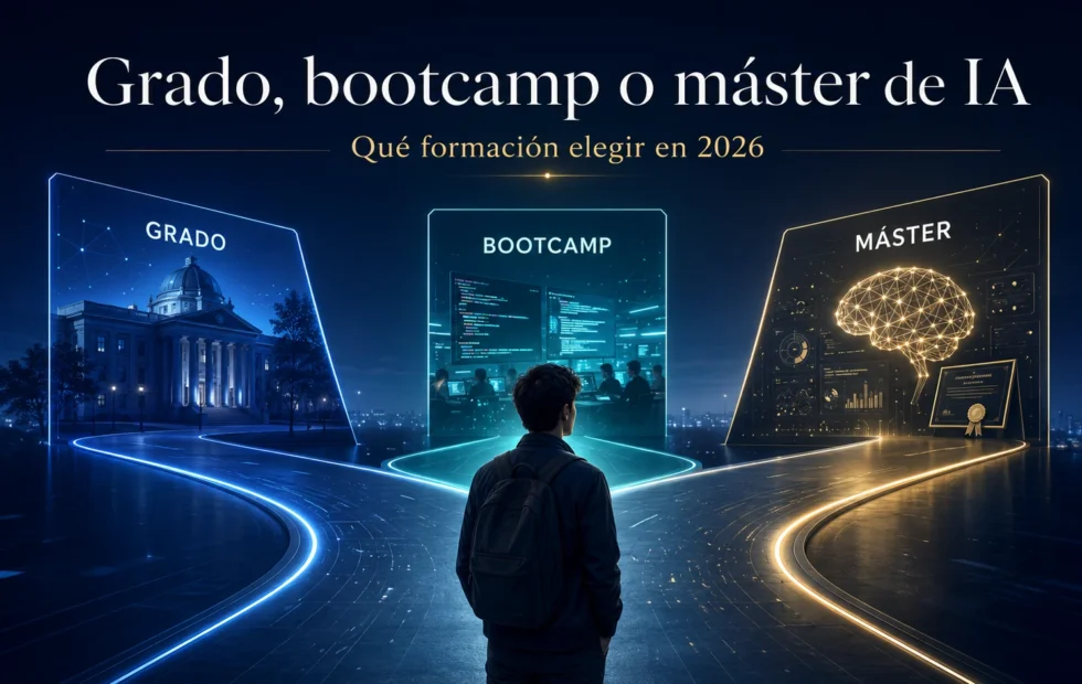 Grado, bootcamp o máster de IA: cómo elegir en 2026. Imagen destacada sobre máster de IA. publicada en Novedades Web